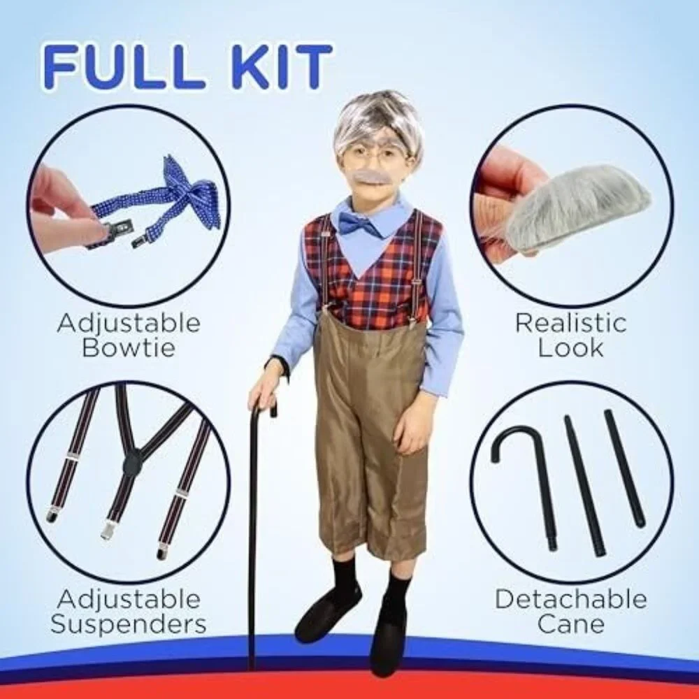 4Es Novelty Kids Large 8-10 Old Man Costume Full 6pc Set 100 Days School Fun
